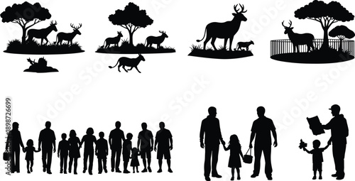 Black silhouettes of deer families and people walking in park family