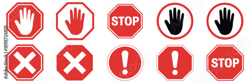 Set stop red icon with white hand, do not enter warning sign, vector illustration for safety alerts, hazard notifications, traffic signs, and emergency visual communication designs.
