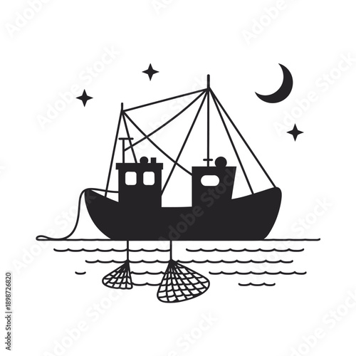 A black and white illustration of a fishing boat with a full net sailing on a calm sea at night. isolated on white background, Vector, illustration
