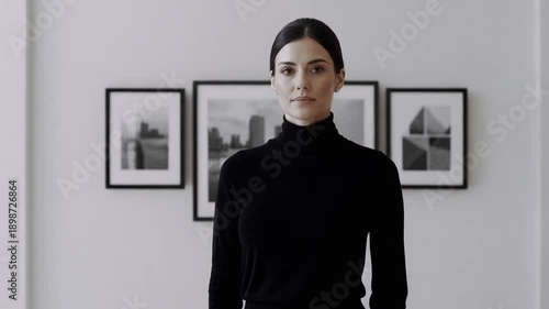 Wallpaper Mural Woman in black turtleneck standing in front of cityscape framed photos on gray wall in an art gallery or exhibition Torontodigital.ca