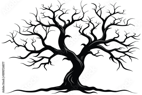 bare tree with twisted branches line art silhouette vector illustration