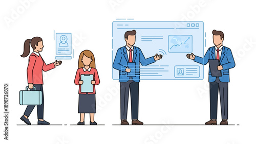 Business Collaboration in Modern Office: A dynamic team of business people, engaged in collaborative efforts, utilizing modern technological interfaces in a contemporary office setting.