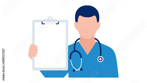 Medical Professional's Consultation: A healthcare worker in scrubs presents a blank clipboard, ready to gather important medical data and offer expert guidance.