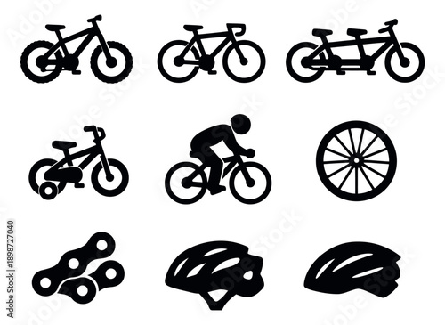 Graphic bicycle icon set featuring various bike types, parts, and safety gear for cycling activities
