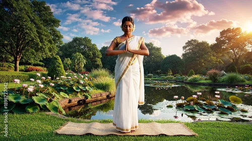 Wallpaper Mural Woman in white sari meditates on mat by serene pond with lily pads and trees at sunrise Torontodigital.ca