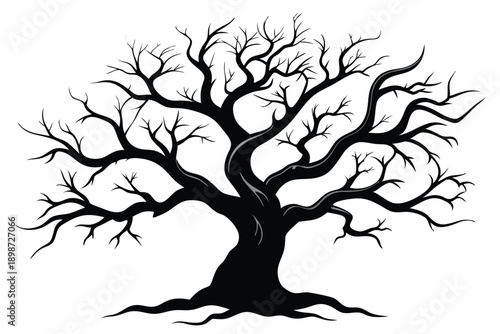 bare tree with twisted branches line art silhouette vector illustration