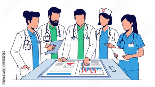 Medical Teamwork and Analysis: A dedicated medical team, with stethoscopes around their necks, collaborates intensely around a table, analyzing charts and documents.