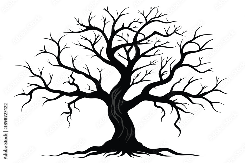 Fototapeta premium bare tree with twisted branches line art silhouette vector illustration