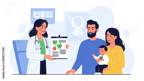 Nurturing Wellbeing: A caring medical professional advising a family on healthy eating habits, emphasizing the importance of nutrition and balanced diet.