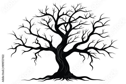 bare tree with twisted branches line art silhouette vector illustration
