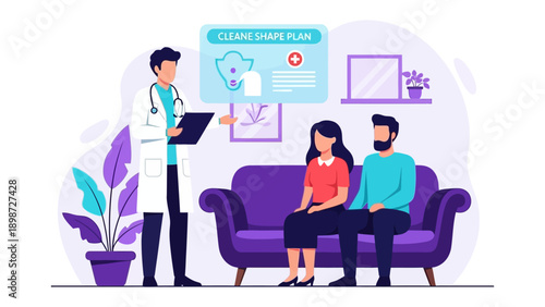 Healthcare Consultation: A medical professional engages in a consultation with a couple, elucidating a treatment plan. The setting portrays a medical environment.