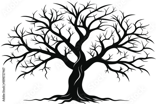 bare tree with twisted branches line art silhouette vector illustration
