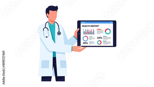 Digital Health Insights: A doctor utilizes a digital tablet to present and analyze a health report, offering a modern perspective on medical care and diagnosis.