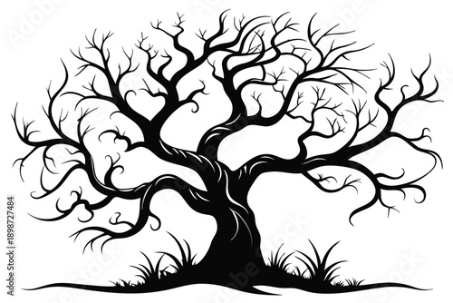 bare tree with twisted branches line art silhouette vector illustration