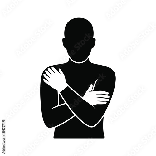 Person with arms crossed and hands near face in a silhouette style image isolated on white background, Vector, illustration