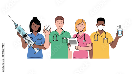 Healthcare Heroes: A diverse group of healthcare workers, each holding essential medical supplies, stand united, embodying dedication and care.