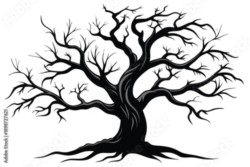 bare tree with twisted branches line art silhouette vector illustration