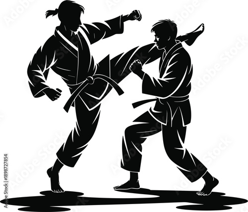 High quality karate and martial arts silhouette vector set featuring fighter poses, kicks, belts and combat stances. Perfect for t-shirts, logos, posters, branding and print designs.