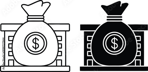 A black and white illustration of two money bags with dollar signs on them sitting on a stack of bricks