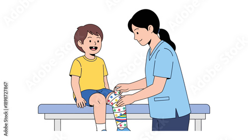 Pediatric Care: A caring healthcare provider attends to a smiling child, focusing on the child's lower leg with a cast for support, showing empathy and compassion.