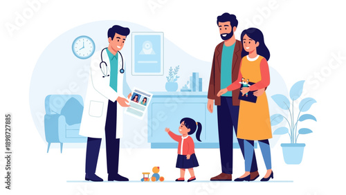 Medical Consultation: A heartwarming scene unfolds as a dedicated doctor engages in a consultation with a family in a serene medical setting.