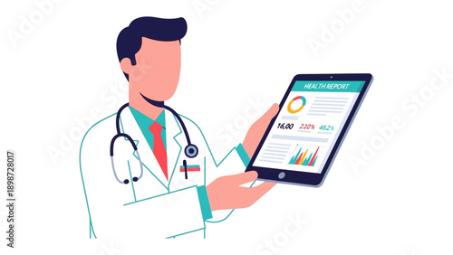 Medical Professional: A healthcare provider, meticulously analyzes data on a digital tablet, representing modern medicine and scientific innovation.