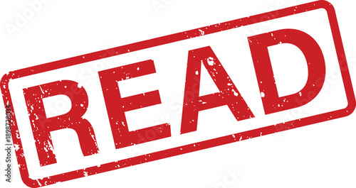 Bold red grunge rubber stamp with the word READ prominently displayed diagonally on a plain white field