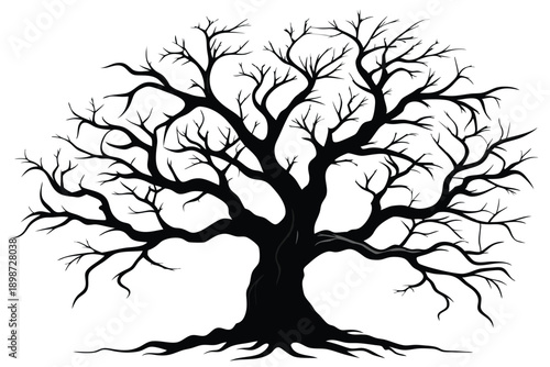bare tree with twisted branches line art silhouette vector illustration