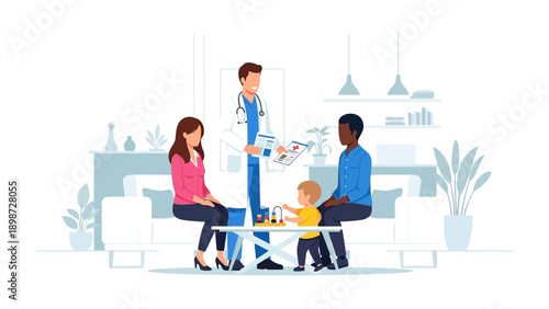 Family Consultation: A medical professional engages in a consultation with a diverse family, fostering a sense of trust and care while reviewing health reports and providing guidance.