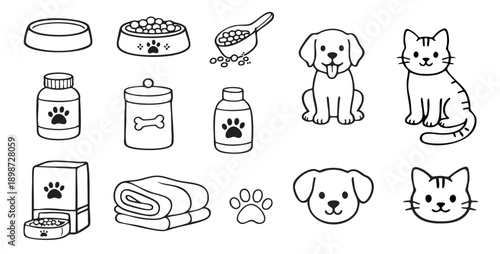 Pet care supplies line art icons collection
