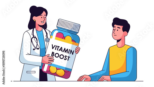 Healthy Vitamin Boost: A doctor presents a large bottle of vitamin supplements to a patient, emphasizing the importance of health and wellness through nutritional support.