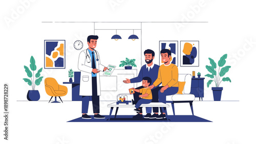 At the Doctor's Office: A doctor engages with a family, including a child, within a modern, minimalist medical office setting, emphasizing care and consultation.