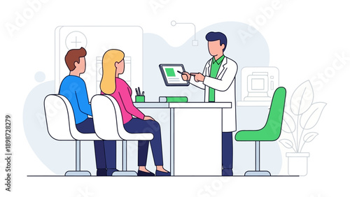 Patient Consultation: A medical professional engages in an attentive consultation with a couple, offering insightful analysis and care.