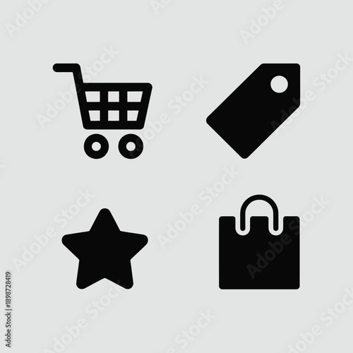 Black and white icons representing shopping, price tags, and favorites isolated on white background, Vector, illustration