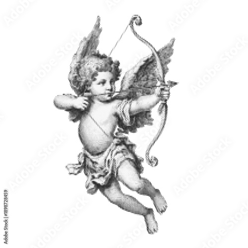 Halftone vector illustration of flying Cupid angel with bow and arrow, vintage engraving style cherub symbol of love, romance and mythology, classical art inspired decorative design