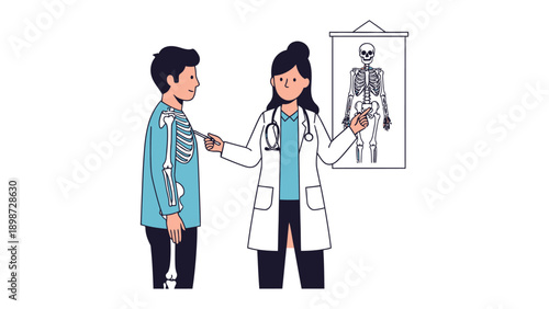 Medical Insight: A doctor explains the human skeleton to a patient, using an anatomical chart to illustrate the skeletal structure. This image conveys healthcare, diagnosis, and medical knowledge.