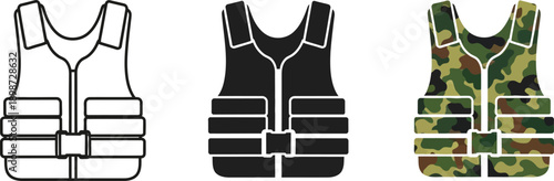 Collection of life vest icons including outline solid black and camouflage patterns for safety and outdoor activity concepts
