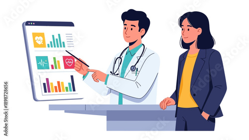 Medical Consultation and Healthcare Insight: A doctor pointing a stylus at a tablet, sharing important medical information with a patient. It symbolizes communication, professional guidance.