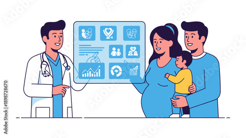 Family health consultation: A medical professional consults with a family, including a pregnant woman and a young child, regarding health matters, likely discussing data displayed on a screen.