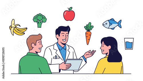 Nutritional Consultation: A healthcare professional advising a couple on a balanced diet, showcasing healthy foods.