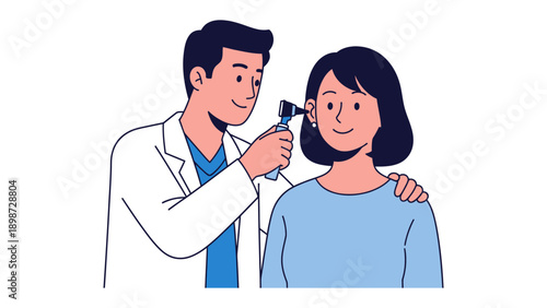 Doctor's Examination: A medical professional uses an otoscope to examine a patient's ear, depicting a scene of healthcare and medical examination.