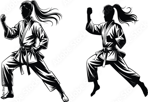 High quality karate and martial arts silhouette vector set featuring fighter poses, kicks, belts and combat stances. Perfect for t-shirts, logos, posters, branding and print designs.