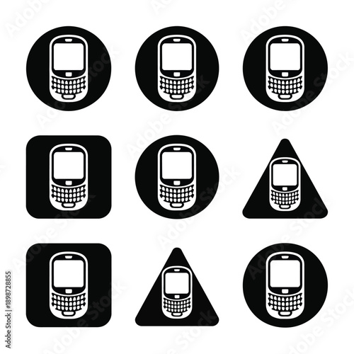 Nine blackberry icons arranged in a grid with various geometric shapes around them. isolated on white background, Vector, illustration