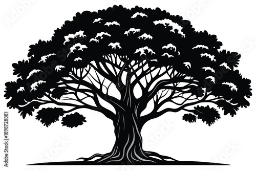 banyan tree line art silhouette vector illustration