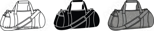 Collection of duffel bags in outline black and grey styles representing travel and sports gear for design projects