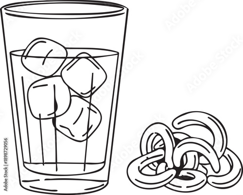 A glass of ice with pretzels nearby on a simple background illustration