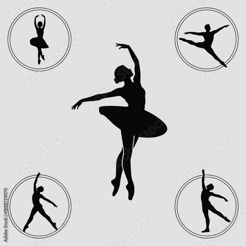 Elegant silhouettes of ballerinas in various poses showcasing the grace of ballet isolated on white background, Vector, illustration