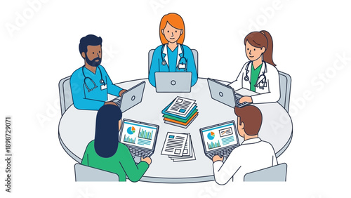 Healthcare Collaboration: A circle of dedicated medical professionals collaborating around a conference table. They are deeply engrossed in discussions and data analysis. 