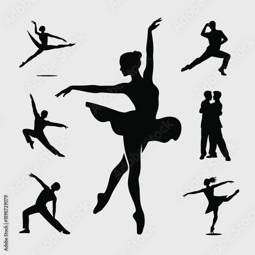 Silhouettes of dancers in various ballet poses and styles isolated on white background, Vector, illustration