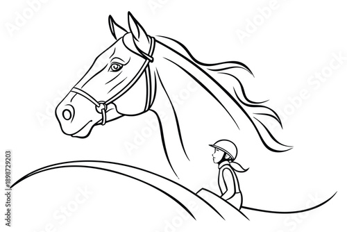Black and white line of a girl riding a horse in profile view line girl child rider